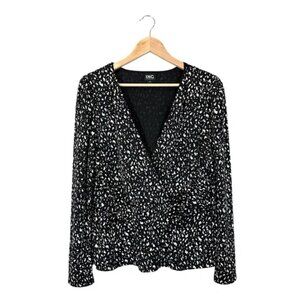 INC Faux Wrap Blouse Black White Print Surplice Bust Long Sleeve, Size XL